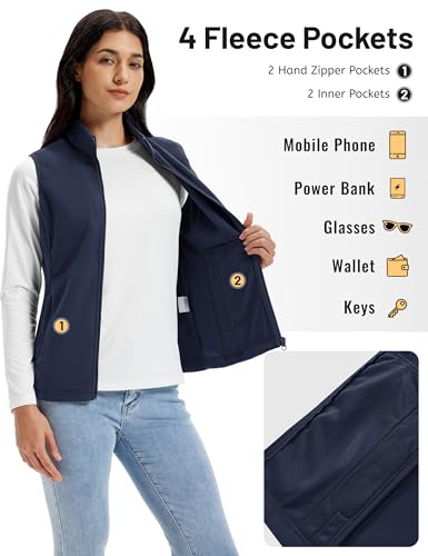 TACVASEN Damen Fleece Vest Outdoor Ärmellos Gilets Warm Fleeceweste mit Reißverschluss Taschen Sportweste für Frauen Blau XL