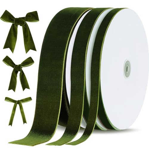 Yilloog 3/8'' 1'' 2'' 90 Yards Christmas Velvet Ribbon Vintage Satin Fabric Velvet Ribbon Roll for Christmas Tree Ornaments Decoration Gift Wrapping Bow DIY Crafts (Olive Green)