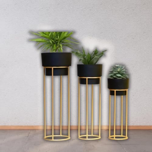 Image of ZM Handicrafts Metal Floor Planter Pot Stand with Gold Finish, Set of 3, Modern Style, for Living Room, Bedroom, Balcony, Office | Indoor / Outdoor Flower Pot Stand with Pots (Black Pot)