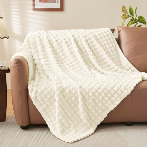 Image of BEDELITE 3D Checked Cream Fleece Throw Blanket for Couch, 50x70 Inch