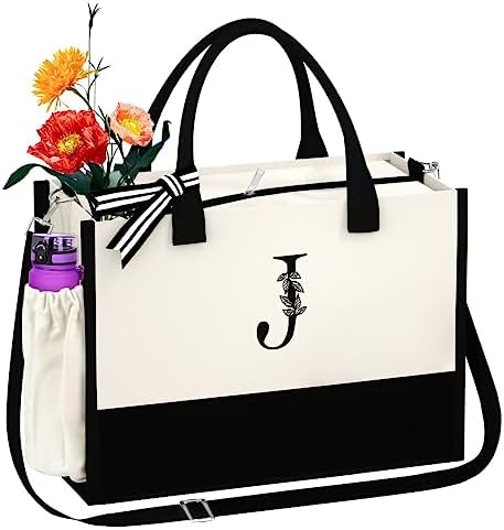 Initial Tote Bags Personalized Gifts for Mom, Embroidery Monogrammed Tote Bags for Women with Strap, Canvas Beach Bags with Zipper, Graduation 2024 Gifts Nurse Week Gifts Letter J