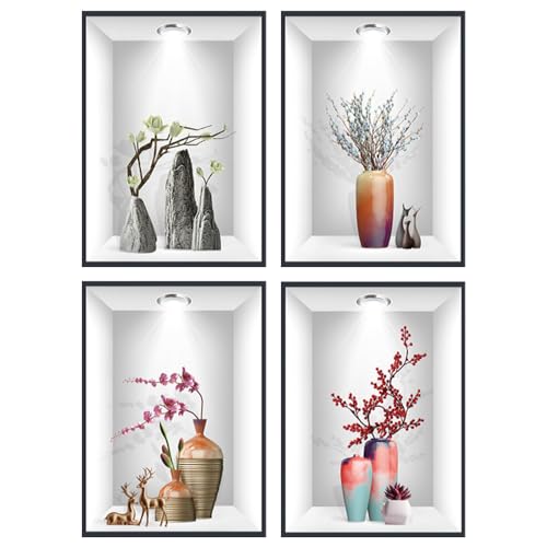 DOUSELLA 4 Stück 3D Wandsticker Vase Wandtattoo Vasen Pflanzen...