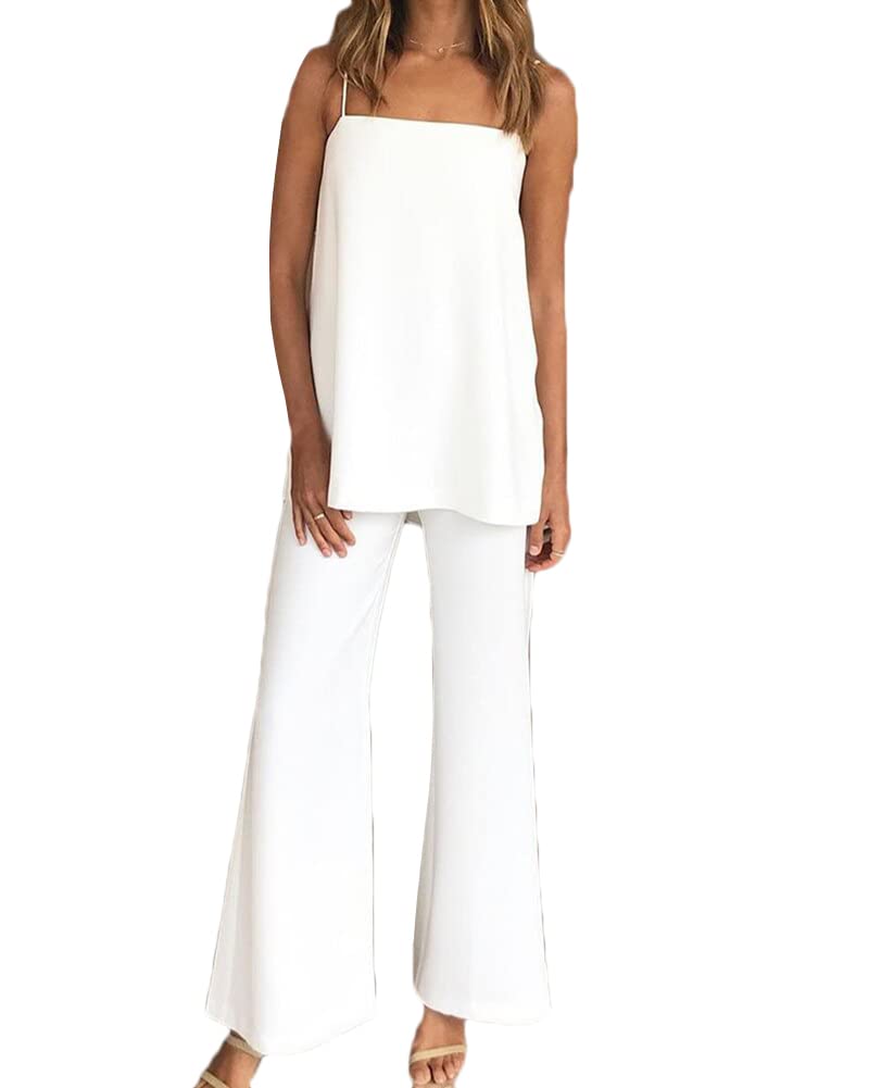 DAIHAN 2 Piezas Mujer Conjunto Fiesta Playa Verano Pantalon y Top Conjunto de Traje Chándal Completo Camiseta Sin Mangas Pantalón de Pierna Ancha