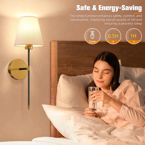 Image of NIORSUN 19.9 inch Battery Operated Wall Sconce Set of 2,Black-Gold Rechargeable Wall Lights with 10400mAh Dimmable Detachable Bulbs and Remote, Wireless Sconces for Bedroom Living Room Hallway