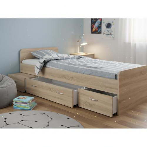 Boro Modernes Einzelbett mit 3X Schubkästen 90 x 200 cm - Praktisches Jugendzimmer Kojenbett in Eiche Sonoma Optik - 95 x 66 x 204 cm (B/H/T)