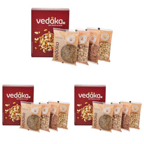 Image of Amazon Brand - Vedaka Premium Dry Fruits Combo | 800 Gram | 200 Gram Each - Almonds, Raisins, Cashews & Pista | Kaju, Kishmish, Pista & Badam Gift Pack | Great For Snacking And Gifting (Pack of 3)