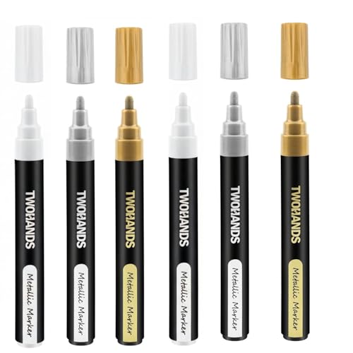 Image of Metallic Marker Pen Set of 6 | Shake and Use Paint Pens | Water-Based Quick Dry Non-Toxic Ink for Art, Craft, Card Making, Journaling, Rock Painting & Drawing (2 Gold & 2 Silver & 2 White)