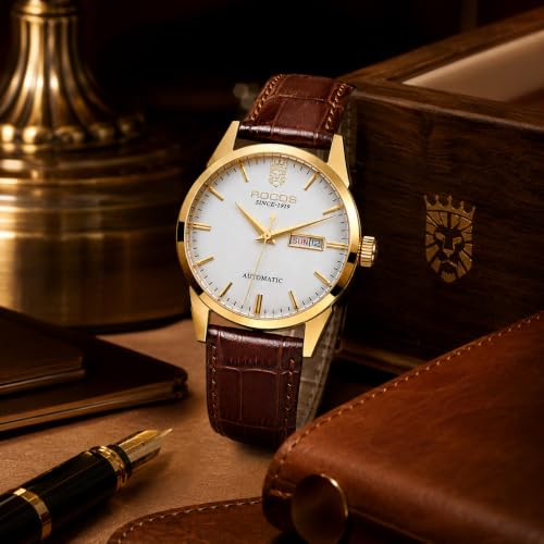 Image of ROCOSJEWE Men's Automatic Watch, Luxury Mechanical Watch for Men with Gold Case & Brown Leather Strap, 40mm Business Dress Watch with Day Date Display, Waterproof Analog Wristwatch