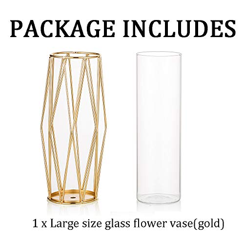 Gold Pampas Grass Vase For Flower, 1Pc Glasseam Modern Geometric Metal Decor Vases With Clear Glass Cylinder, Decorative Flowers Centerpieces Pillar Candle Holder For Living Room Home Wedding, 10.6" #TOP4