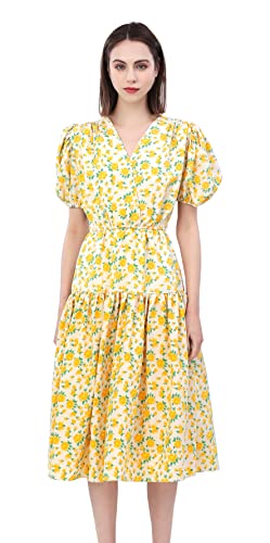 Image of Shineflow Women's Short Sleeve V-Neck 3 /4 Sleeve Button Up Chiffon Floral Pleated Midi Swing Dress with Belt