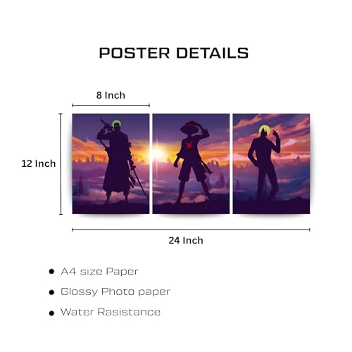 Image of ADRAIL STORE One Piece Anime Manga Poster, Zoro Character Design Wall Poster 3 Panal - A4 Size, 300 GSM, Wall Decor Posters Wall Art For Bedroom, Living room, Office, Dining Room,No Frame (1P)