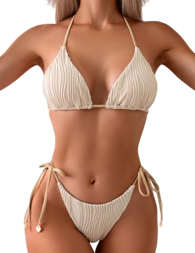 Tainehs Ribbed Two Piece Bikini Sets for Women Sexy Halter Triangle Top Swimsuit String Thong Bathing Suit