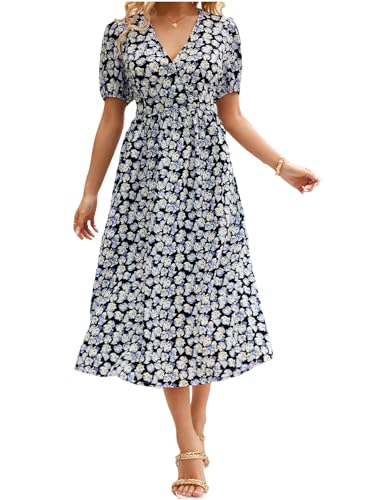 Image of Women's Elegant Floral Dress Coll. (All-Seasons) - Sleeveless /Short /Midi, V-Neck Ruffle, Fashion Casual Party Dresses