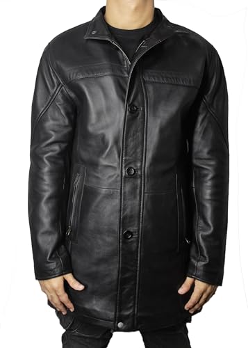 Image of Leather Car Coat For Men 3 /4 Length Mens Leather Jackets - Real Lambskin Long Coat For Men