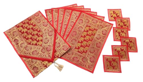 Image of Diwali Room Decor Silk Table Runner Placemats Tea Coaster Set for Living Room 4 to 6 Seater Dinning Table Table Mat Set Centre Table Top Decor Pack of 13 Pcs (Red)