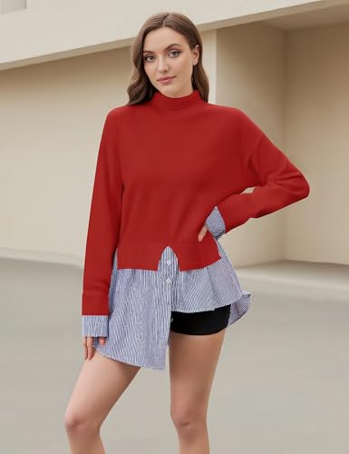 Image of Turtleneck Asymmetrical Sweaters for Women Patchwork 2 in 1 Pullover Knit Sweater Slit Button Down Shirt 2026 Fall