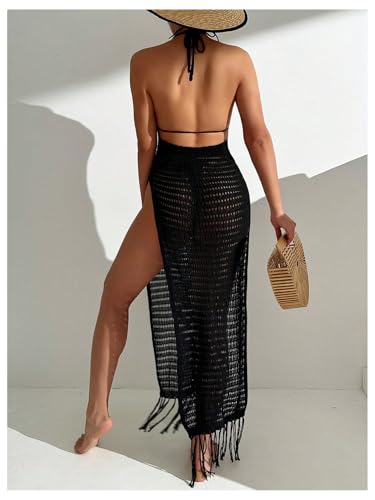 Verdusa Women's Fringe Sheer Beach Cover Up Backless Sleeveless Split Thigh Halter Dress2