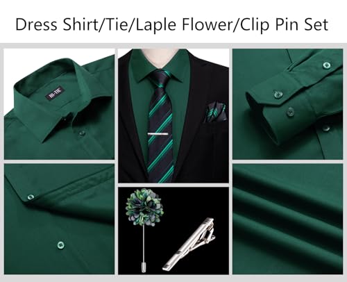 Hi-Tie Mens Dress Shirts and Tie Flower Lapel Pin Combo Long Sleeve Button Down Casual Formal Dress Shirts for Men3