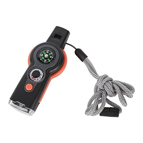 Silbato de supervivencia 7 en 1 de emergencia, con luz LED, termómetro, brújula, silbato multiusos de supervivencia, con cordón, para camping, senderismo, caza, pesca, aventura (naranja)