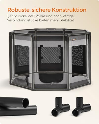 Feandrea Welpenauslauf Oxford-Gewebe, Welpenlaufstall achteckig, Hundekäfig XL, 112 x 112 x 76 cm, Rahmen aus PVC-Rohren, atmungsaktives Netz, mit Seitentasche, Taubengrau-schiefergrau PDC006G01