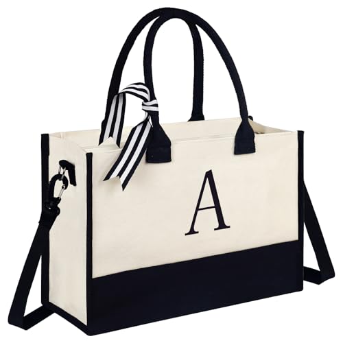 Fmeida Initial Personalised Canvas Tote Bag with Strap, Bride Bags, Gifts for Her, Women's Birthday Present, A
