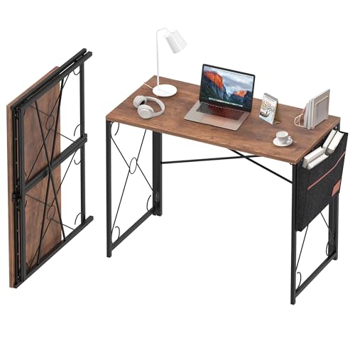 VECELO Folding Desk with Storage Bag 39 Inch Writing Desk Home Office Sturdy Steel Laptop Table for Home Office Work Rustic Brown