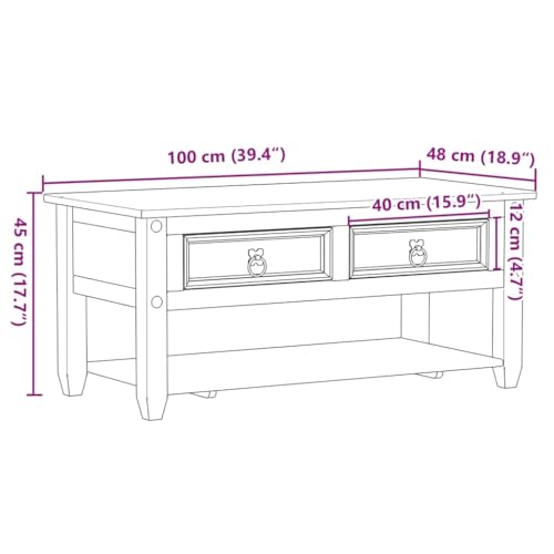 vidaXL Corona Coffee Table-Solid Wood Pine with Storage-100x48x45 cm-Honey Wax Finish, 2 Drawers, Lower Shelf - Image 3
