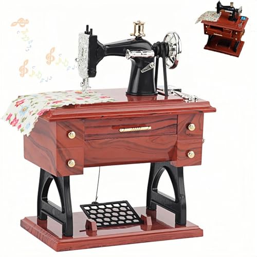 Caja de música vintage para máquina de coser, mini caja de melodía mecánica con manivela de manivela, decoración retro para el hogar, regalo de costureras, diseño de cuerda (marrón-S)