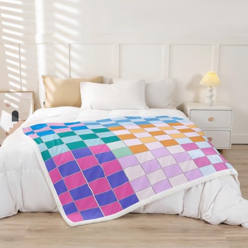 Image of Erosebridal Colorful Checkered Throw Blanket Twin 60 inchX80 inch Rainbow Checkerboard Grid Fleece Bed Blanket Blue Pink Purple Ombre Plaid Sherpa Blanket for Kids Boys Girls,Groovy Aesthetic Plush Blanket