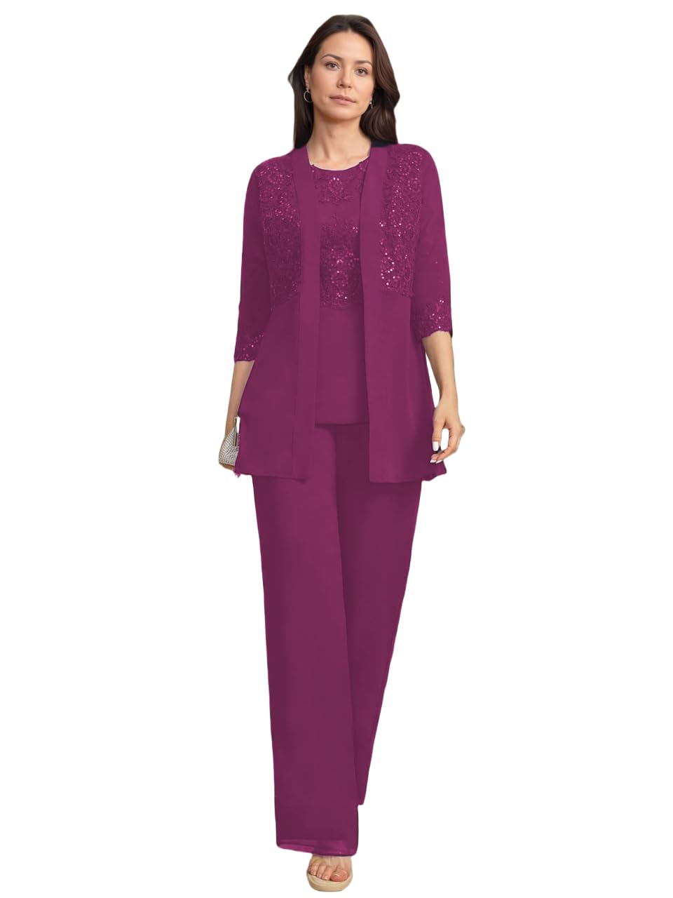 3 Pieces Mother of Bride Pant Suits with Jackets Laces Sequin Chiffon Mother of Groom Dresses