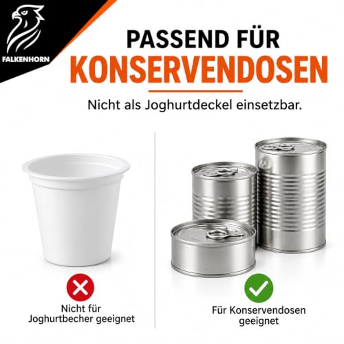 Falkenhorn Dosendeckel für Tierfutter – 2x 200g/400g & 2x 800g Hundefutter & Katzenfutter Dosen – Lebensmittelecht, Spülmaschinenfest, Wiederverwendbar, Made in Germany – Frische & Geruchsbindung