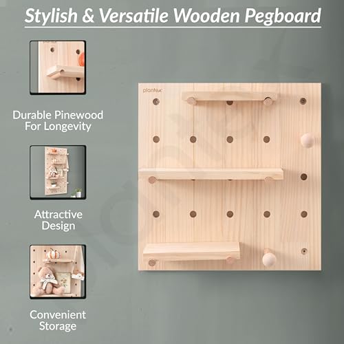 Image of Plantex Multipurpose Pine Wood Wall Mount Pegboard For Home /Wood Display Shelf /Wall Organizer For Bedroom /Kitchen /Bathroom - (16X16 Inches)