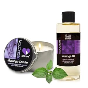 LOVE PLAY Set of Massage Oil for Sore Muscles and Massage Oil Candle for Pure Relaxation – Vegan Massage and Body Oils for Massage Therapy with Essential Oils 6.76 oz Each…
