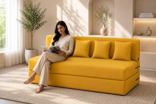 Image of Four Seater Sofa Cum Bed 6x6 Ft with Soft Foam Cushioning, Comfortable Foldable Sofa Bed for Living Room, Bedroom, Guest Room & Office(Yellow)