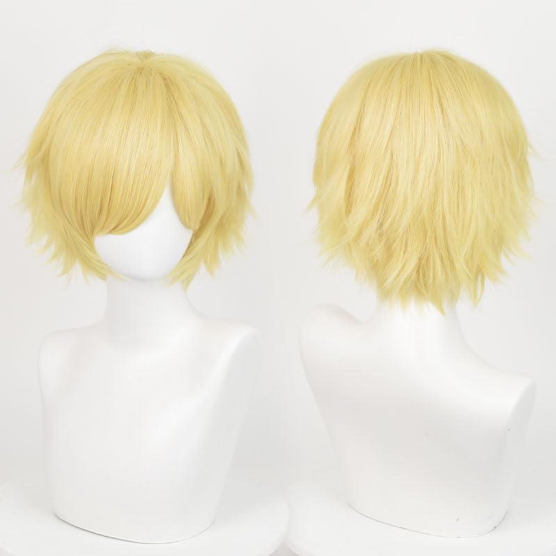 Image of LABEAUTE Unisex Short Yellow Cosplay Wig Male Man Woman With Bangs Light Golden Anime Fluffy Cosplay Hair Wigs for Party and Halloween for Gift + Free Cap