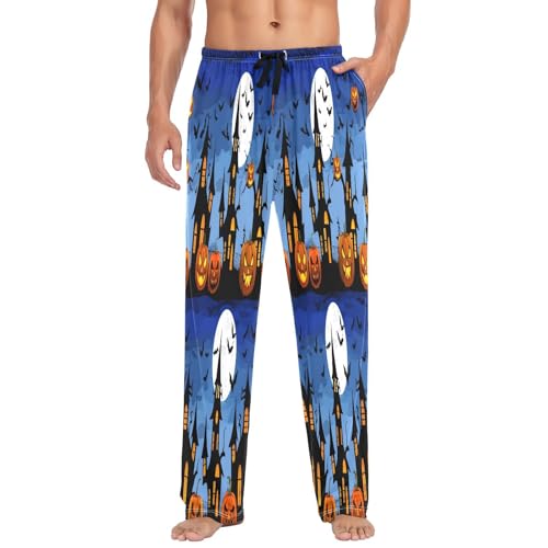 Qilmy Graffiti Castle & Pumpkin Men's Cotton Pajama Pants, Lightweight Lounge Sleepwear with Drawstring and Pocket