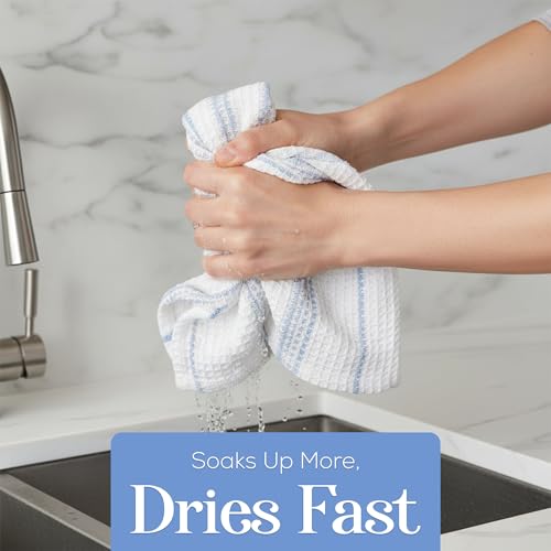 Image of Kitchen Towels Set of 4 Dish Towels Blue n White Waffle Weave Cotton Hand Towels, 18 x 28 Absorbent Kitchen Linens