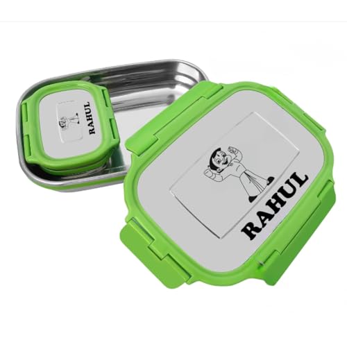 Image of ncgifts Personalized Tiffin | Customized Lunch Box | Personalized Stainless Steel Tiffin Box | Your Child's Name and Favourite Character Engraved | for Scholl Students (Green)
