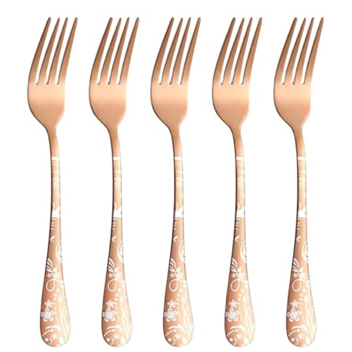Image of 8.1 inch Rosegold Dinner Forks with Floral Printed Handle | 5-Piece Premium Stainless Steel Flatware Set | Elegant Dishwasher-Safe Cutlery for Home, Restaurants, and Gift Giving