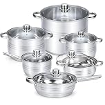 HOMSMYTH 12 Pcs Stainless Steel Pots and Pans Set - Induction Compatible Cooking Pots & Pans with Glass Lids - Casserole, Frypan, Saucepan, and Stockpot Set Dishwasher Safe Kitchen Cookware Set