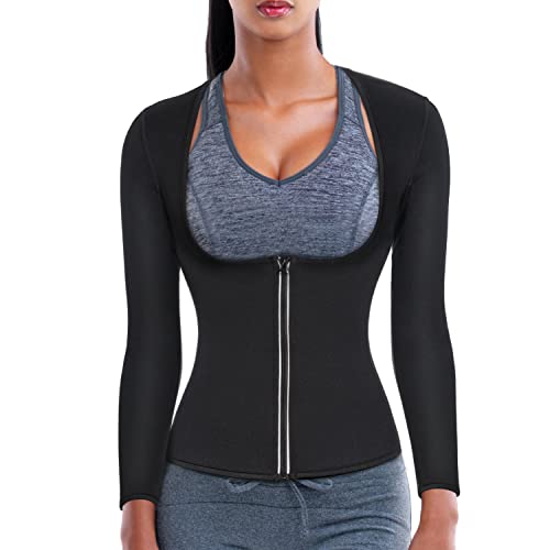 Women Sauna Suit Waist Trainer Neoprene Shirt for Sport Workout Corset Hot Body Shaper Top (L, Black#2 long sleeves)