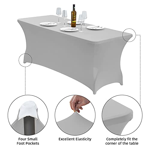 Image of CWK 4FT Waterproof Stretch Spandex Table Cover for Rectangular Tables - Elastic Fitted Tablecloth for Folding Tables,Wrinkle Resistant Table Cloth for Parties, Weddings, Banquets & Events (Silver)