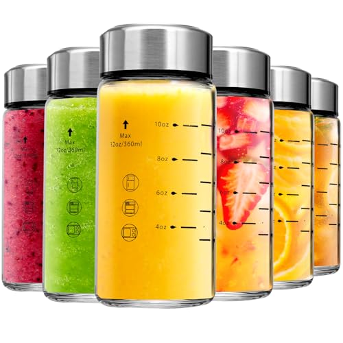 Image of Glass Juice Bottles 6 Pack 12 oz - Wide Mouth Glass Water Bottles with Lids - Borosilicate,Stainless Steel Lids for Juicing, Smoothies, Infused Water, Beverage Storage, Leakproof, Reusable,BPA Free