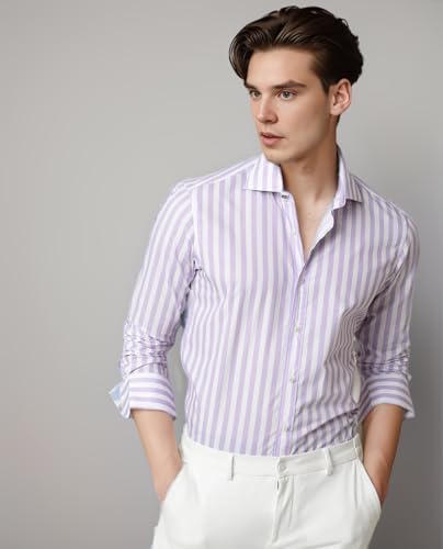 Image of IndoPrimo Men's Cotton Shirt with Full Sleeves Spread Collar Classic Style Striped Pattern Regular Fit and Standard Length