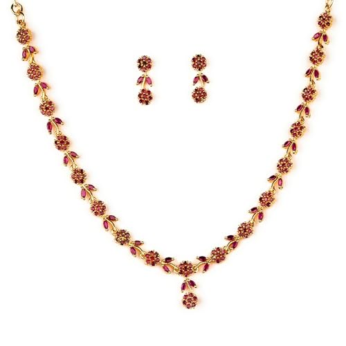 Image of Sasitrends Micro Gold Plated American Diamond Ruby stone Studded Necklace Jewellery Set
