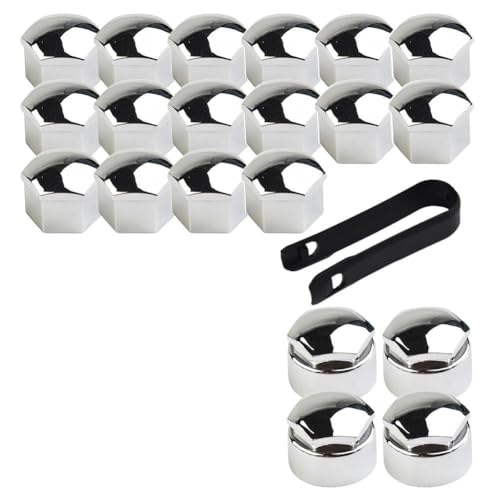 FUANA Juego de tornillos cromados para rueda de coche, 20 x 17 mm, para cualquier vehículo, mejora el acabado, protege las cabezas de los pernos (incluye herramienta de extracción)