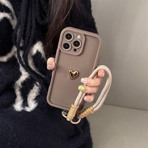 Coque silicone iPhone 14 Pro marron café avec cordon cœur