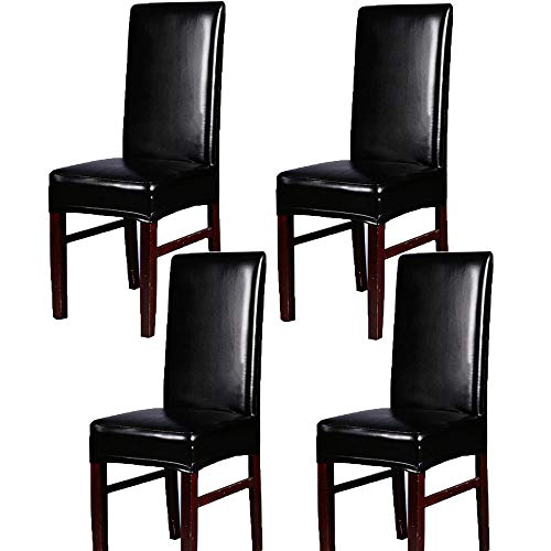 Worsendy Set de 4pcs de Fundas para Sillas,fundas para sillas PU,comedor fundas elásticas bielástico Extraíble funda, muy fácil de limpiar,Cubierta de la silla universal (Negro, 4) Cover