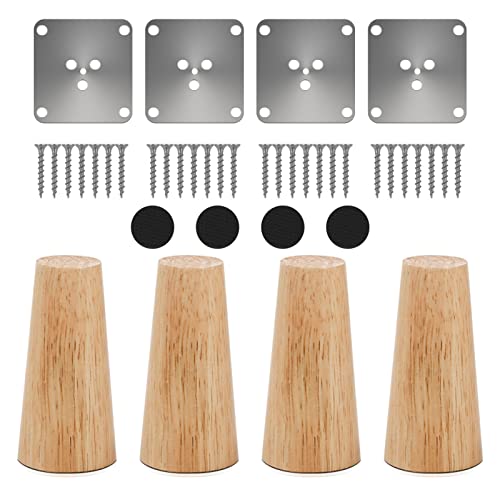 4 Piezas Patas para Muebles Madera Maciza,patas de madera cónicas rectas,Patas de Sofá para Placas de Montaje y Tornillos para Sofá Cama,Estantería,Armario,Silla,Sillón (Altura del pie 15 cm, Natural)