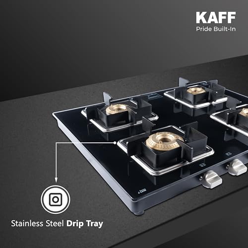Image of KAFF 4 Burner Gas Stove | 63 cm Toughened Glass Cooktop | High Efficiency Brass Burners | Cast Iron Pan Support | Stainless Steel Drip Tray | Metal Knobs | Black | CTJ634B
